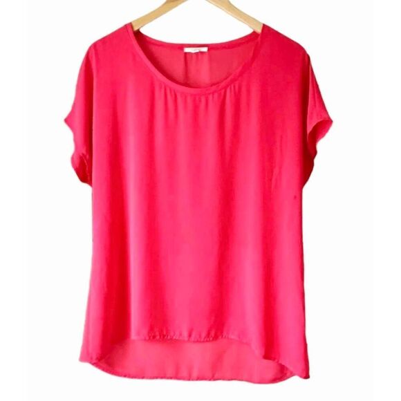 Pleione Tops - Pleione Women's Neon Pink Polyester Georgette Cuffed Short Sleeve Top EUC